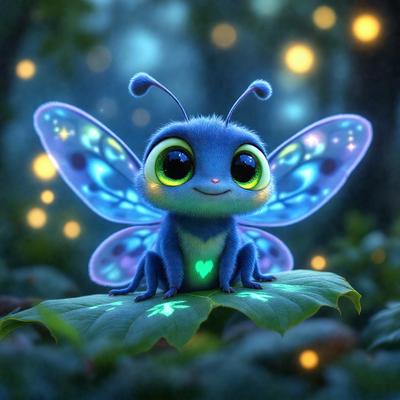 The primary subject of the image is a small, cute, and colorful butterfly. It is sitting on a leaf, which is part of a green plant. The visual style of the image is digital art, giving it a whimsical and playful appearance. The colors and mood of the image are predominantly blue and green, creating a sense of tranquility and natural beauty.